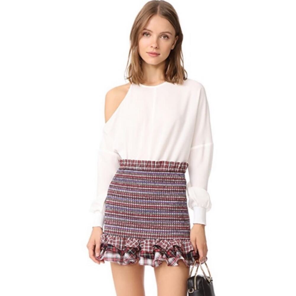 Petersyn Barrett Smocked Ruffle Mini Skirt Mixed Tartan Plaid S